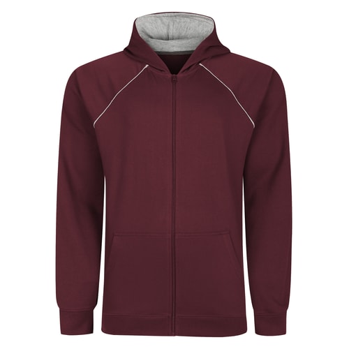 Burgundy zip-up hoody with grey-lined hood, front view.